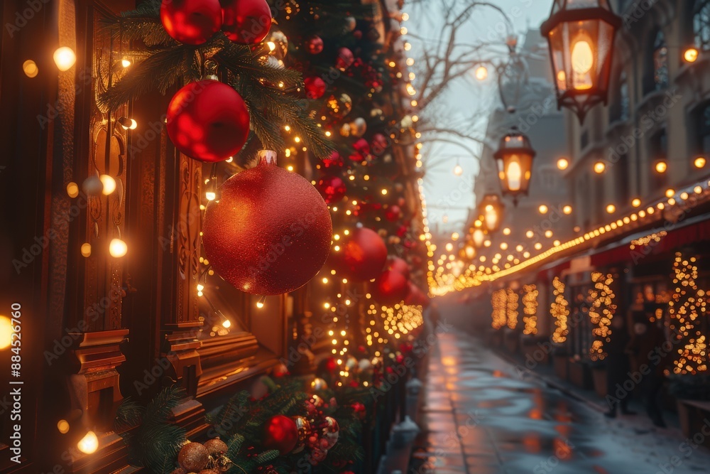 Festive Christmas Street Decorations with Glowing Lights, Red Ornaments, and Holiday Cheer in a Charming Urban Setting at DuskChristmas