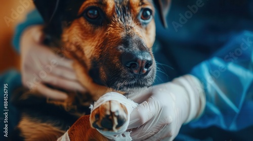 Closeup of a dog with a bandaged paw being treated for a skin condition