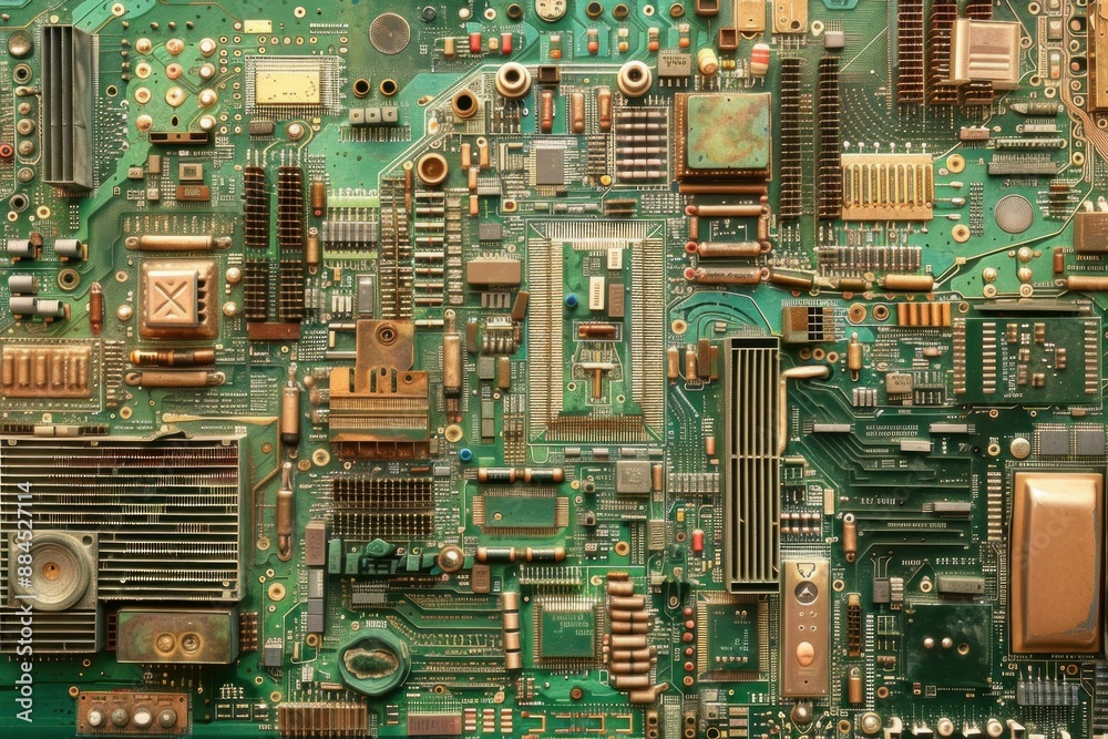 Obraz premium Highresolution image showcasing various electronic components and circuit pathways on a green pcb