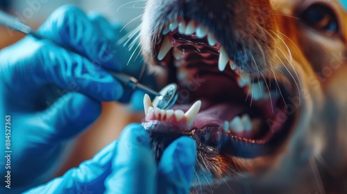 Close-up of a dog's mouth during a dental checkup.  The veterinarian is examining the dog's teeth.