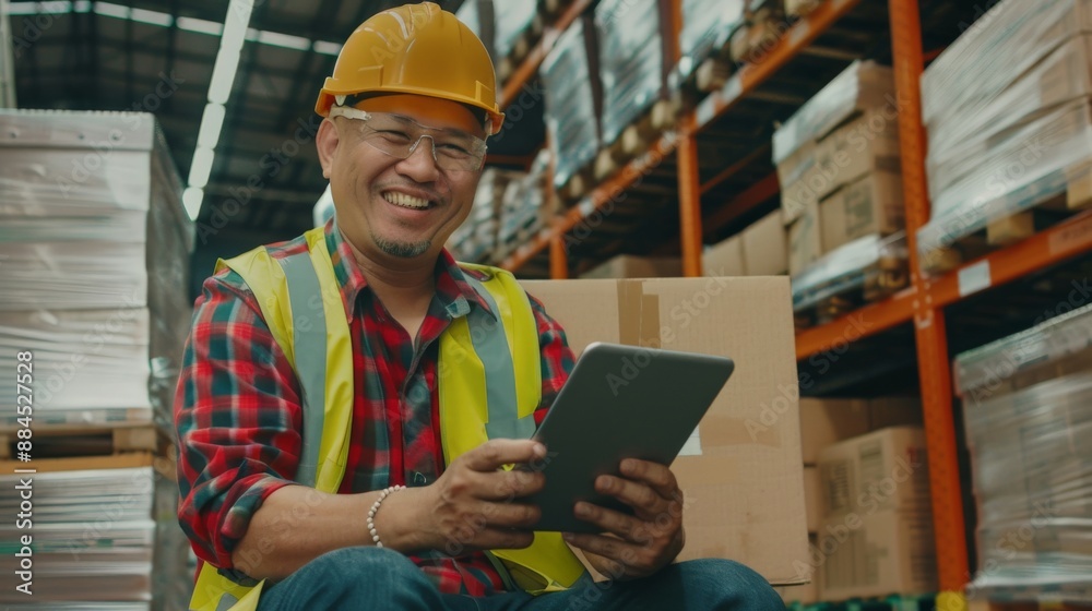 A smiling warehouse worker uses a tablet while sitting among stacked boxes A smiling warehouse worker uses a tablet while sitting among stacked boxes