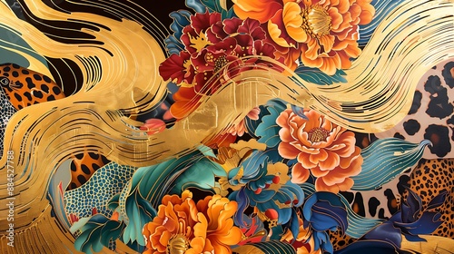 An abstract painting featuring intricate gold elements intertwined with vibrant chinoiserie patterns, seamlessly blending with animal prints.