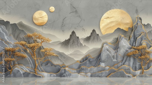3D luxury wallpaper of a Chinese landscape with gray mountains and golden trees. Abstract art background in the style of Chinese painting, marble relief on a wall.