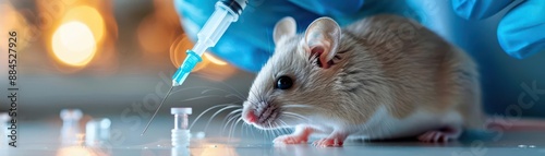 Closeup of a mouse being injected with a micro syringe