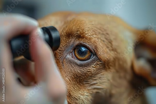 Closeup of a veterinarian examining a dogs eye with an ophthalmoscope photo