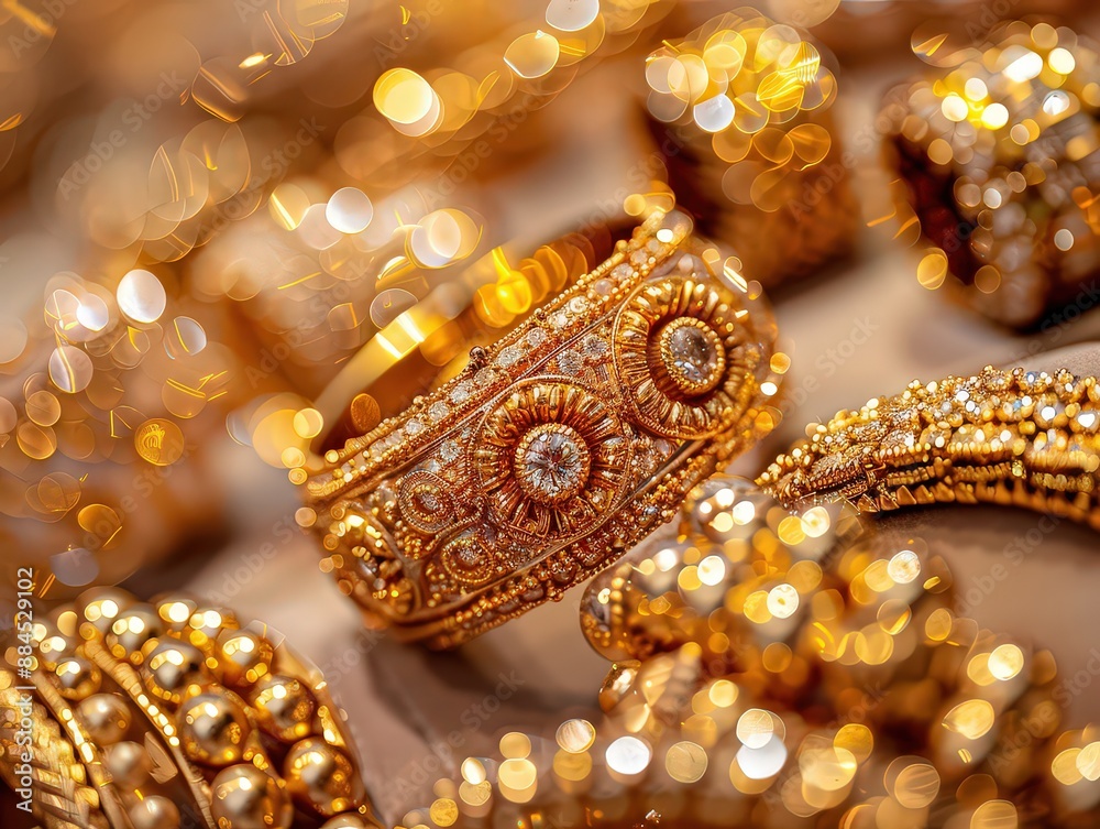 Close-up shots of intricate gold jewelry, highlighting the craftsmanship, shine, and luxury of gold pieces such as necklaces, rings, and bracelets.