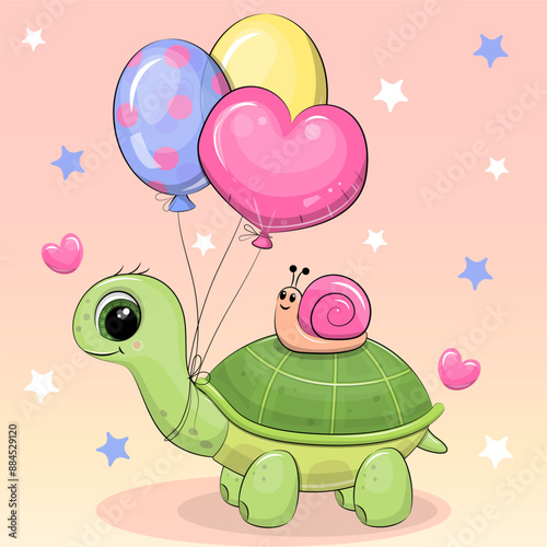 Cute cartoon tortoise with balloons and snail. Vector illustration of an animal on a pink background with hearts and stars.