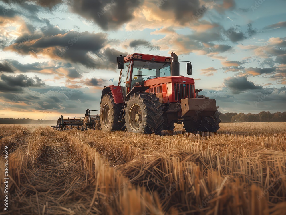 Fototapeta premium Tractor working in a golden field during sunset, harvesting crops.