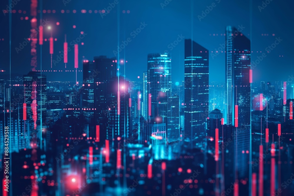 A stock market graph overlaying an urban cityscape at night, with vibrant red and blue data visualizations.