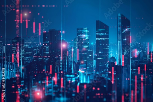 Wallpaper Mural A stock market graph overlaying an urban cityscape at night, with vibrant red and blue data visualizations. Torontodigital.ca