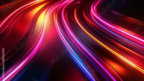 Abstract background featuring colorful, vibrant light streaks in pink, yellow, blue, and purple tones, creating a dynamic and flowing visual effect.