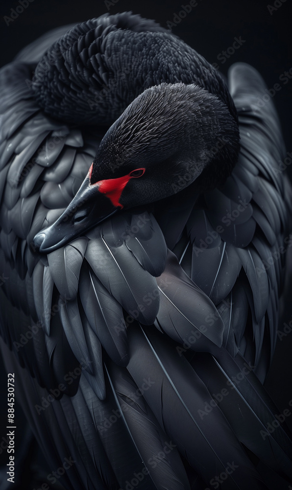 Fototapeta premium Black swan resting with its head tucked under its wing, showing off its red beak against a dark background