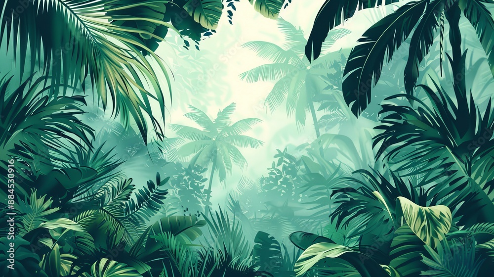Vector illustration of jungle wallpaper featuring trees and tropical plants