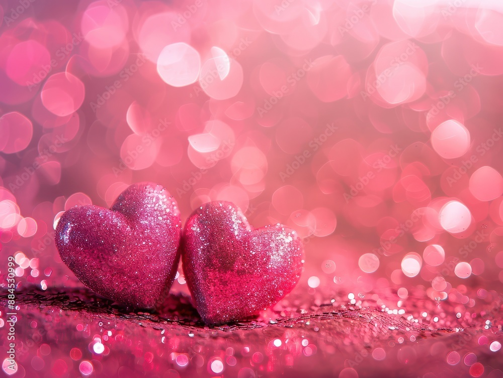 Two hearts are on a pink background with glitter. Two hearts are on a pink background with glitter.