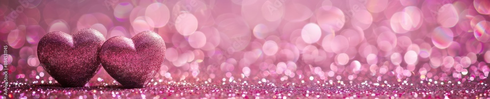 Two hearts are on a pink background with glitter. Two hearts are on a pink background with glitter.