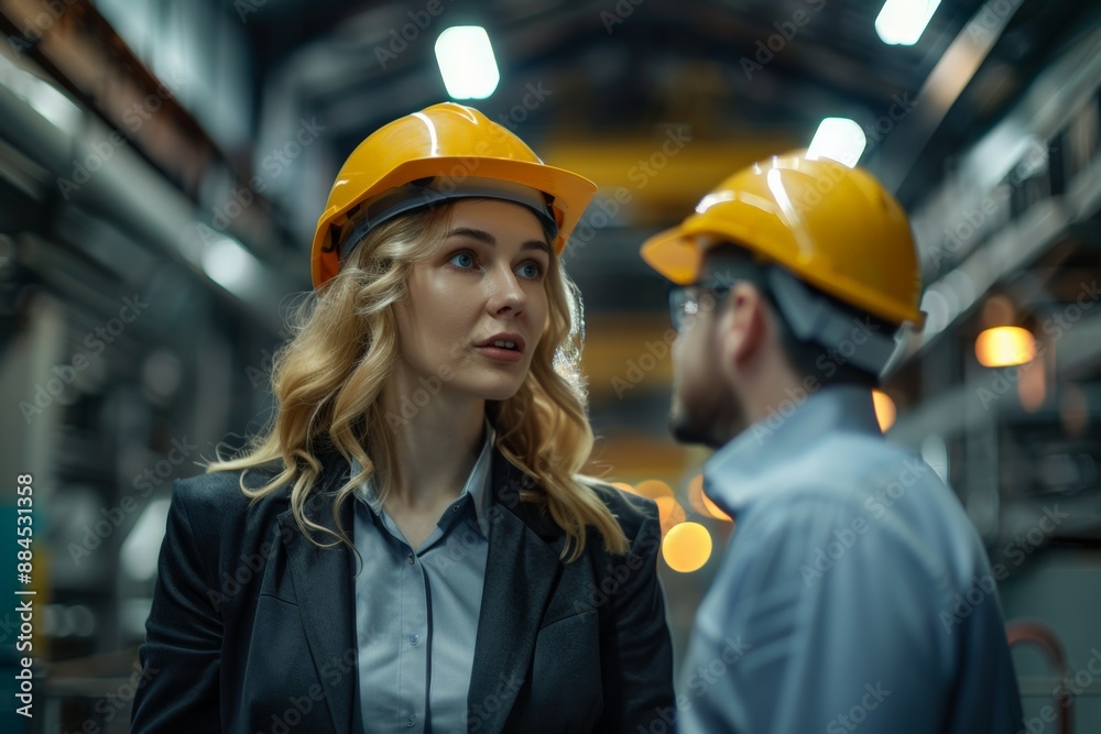 Fototapeta premium Engineer in hard hat conversing with colleague in a factory, indicating a project review.