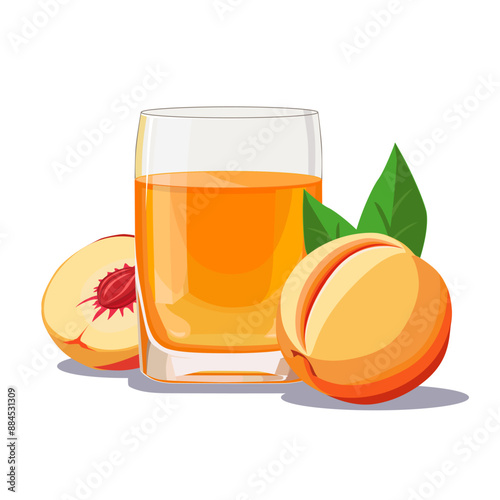 Full glass of orange freshly and healthy squeezed peach juice isolated on white background. Vector illustration in flat style with tropical drink. Summer clipart for card, banner, flyer, poster design