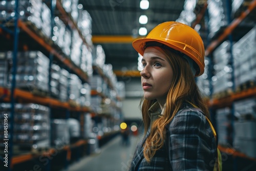 Female engineer inspecting inventory in a warehouse.