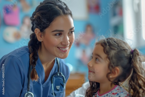 Nurse interacting with a young child and mother in a pediatric clinic, providing care and support.