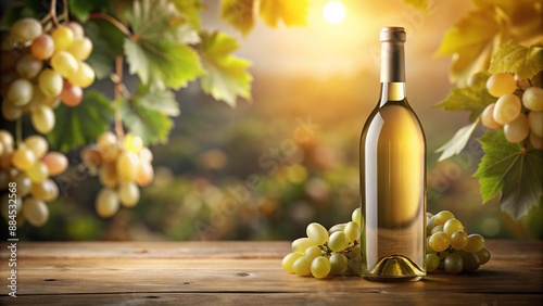 A bottle of white wine with a bunch of grapes on a wooden table in a lush vineyard during sunset photo