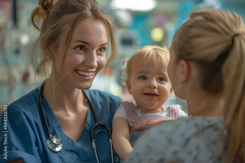 Nurse interacting with a mother and baby in a pediatric clinic, providing care and support. Nurse interacting with a mother and baby in a pediatric clinic, providing care and support.