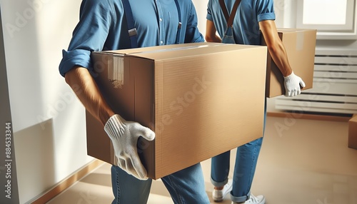 Two professionals in blue shirts and white gloves carry a large box up the stairs, symbolizing teamwork in the moving industry.