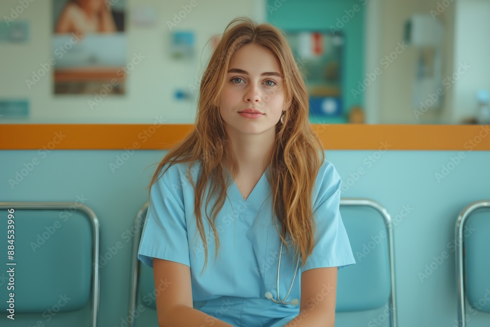Young nurse sitting in a hospital waiting area, looking directly at the camera with a serious expression. Young nurse sitting in a hospital waiting area, looking directly at the camera with a serious expression.