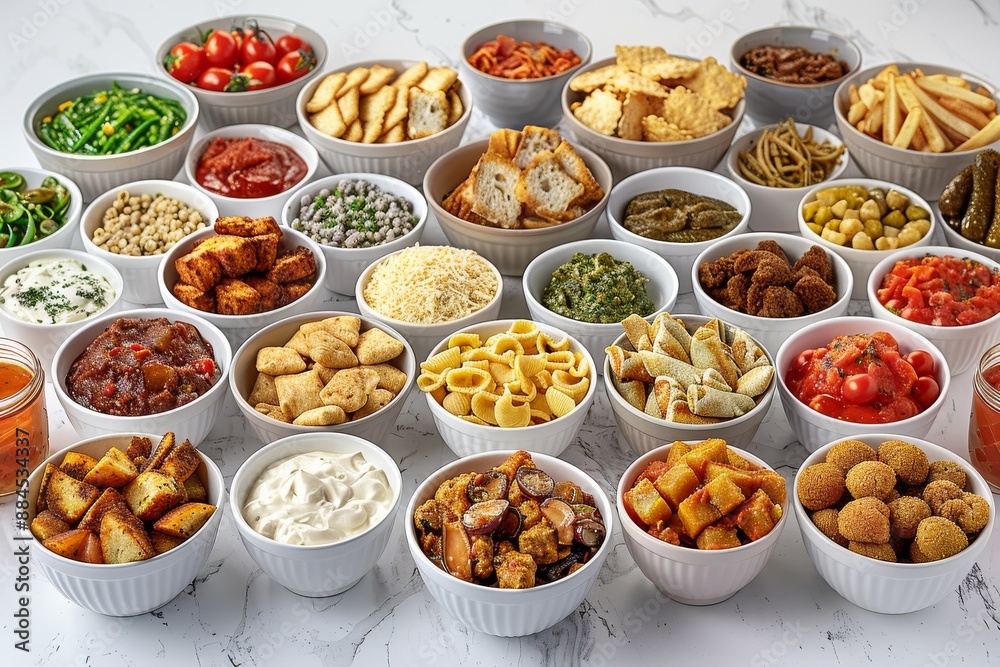 A diverse selection of snack bowls with various nuts seeds and dried fruits arranged on a white surface showcasing healthy and delicious options A diverse selection of snack bowls with various nuts seeds and dried fruits arranged on a white surface showcasing healthy and delicious options