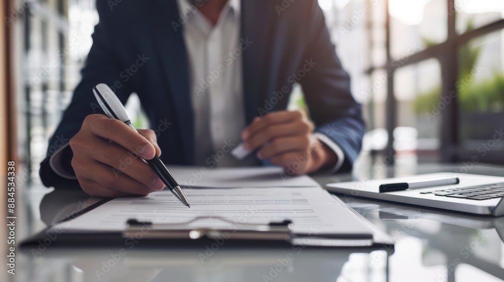 Business professional carefully reviewing a lease agreement in a modern office, emphasizing attention to detail and security Business professional carefully reviewing a lease agreement in a modern office, emphasizing attention to detail and security