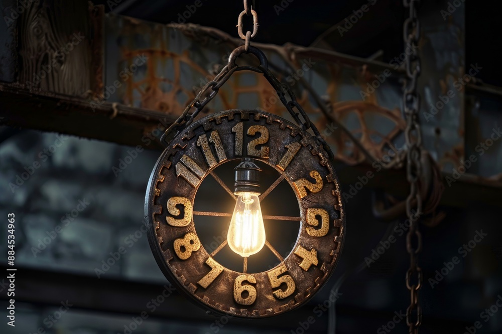 Obraz premium Illuminated bulb hangs within a rusty antique clock used as a pendant light, exuding a retro ambiance