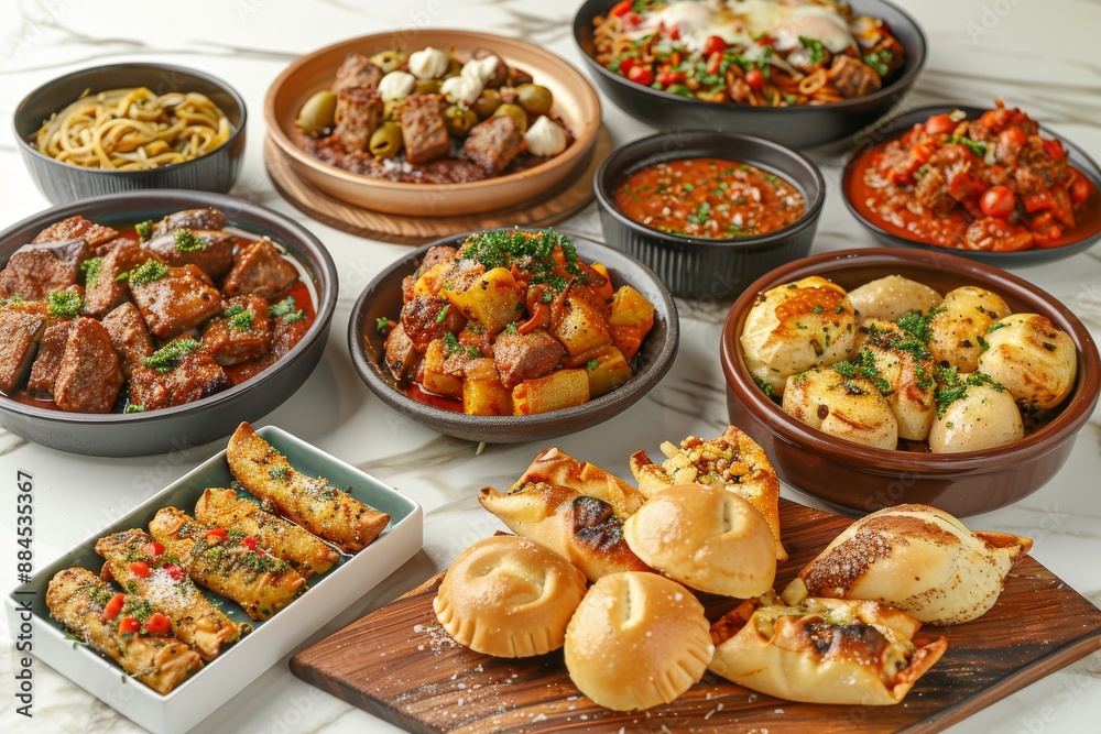 An extravagant display of gourmet dishes including meats breads and vegetables beautifully arranged for a lavish and festive dining experience An extravagant display of gourmet dishes including meats breads and vegetables beautifully arranged for a lavish and festive dining experience