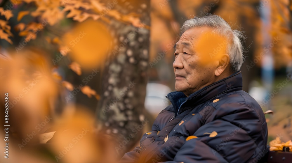An old retired Asian man in a jacket, in the middle of autumn, is sitting in the park, outdoors, on a bench while the yellow leaves are falling from the trees and enjoying his retirement. An old retired Asian man in a jacket, in the middle of autumn, is sitting in the park, outdoors, on a bench while the yellow leaves are falling from the trees and enjoying his retirement.