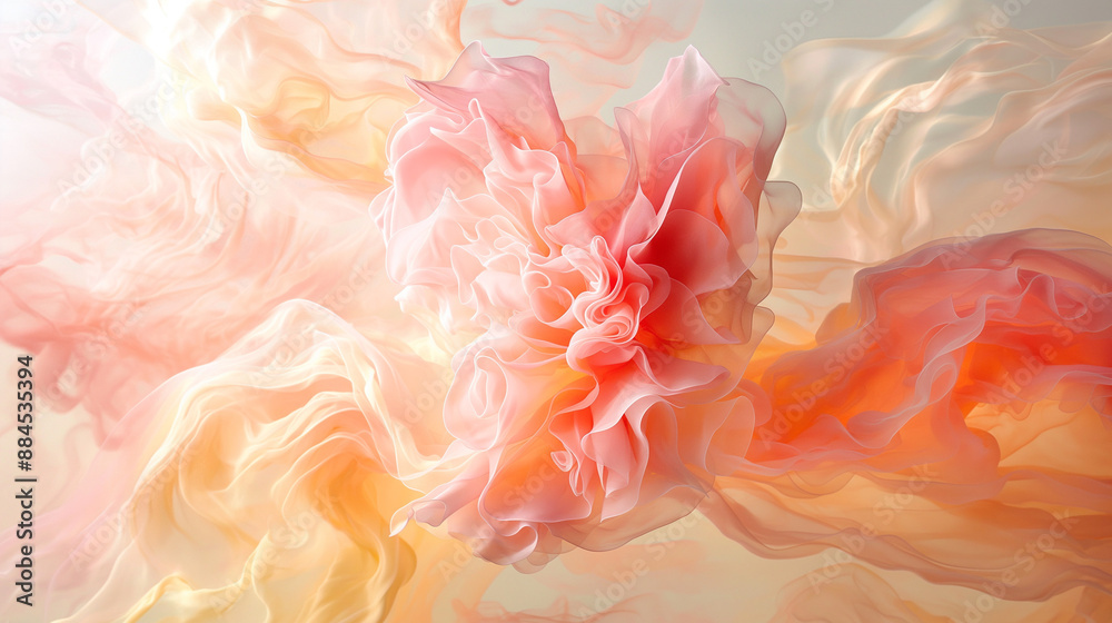 Abstract background of pastel pink and orange silk fabric floating and swirling with soft lighting, intricate folds, and delicate textures creating dreamy and ethereal atmosphere. Web wallpaper Abstract background of pastel pink and orange silk fabric floating and swirling with soft lighting, intricate folds, and delicate textures creating dreamy and ethereal atmosphere. Web wallpaper