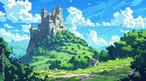 2d pixel art of medieval castle on the hill with blue sky,  game art, 165 bits, 32 bits