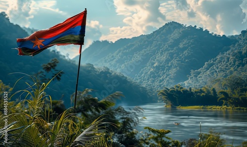 Design a flag with elements from Laos' river life, realistic photo