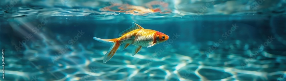 Fototapeta premium A single, colorful fish swimming gracefully in a vast expanse of clear blue water