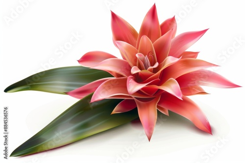 A stunning red bromeliad flower stands out against a clean white background, showcasing its intricate details and vibrant color.  photo