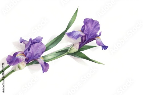 A beautiful, delicate purple iris flower sits on a white surface, set against a clean white background. The illustration highlights the intricate details of the flower.