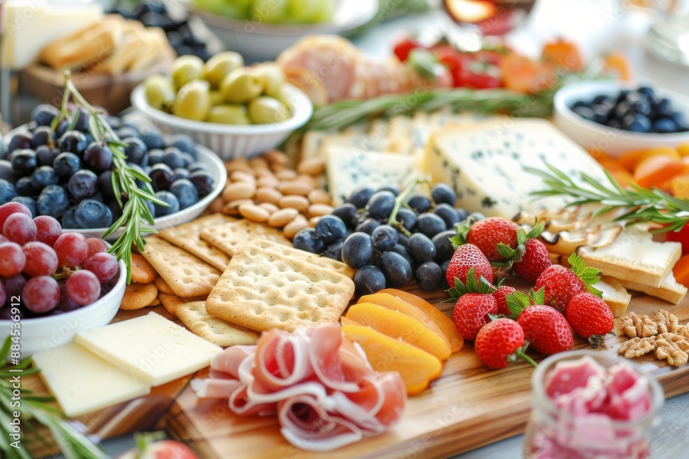 A vibrant assortment of fresh fruits cheeses and crackers beautifully arranged for a colorful and festive appetizer presentation A vibrant assortment of fresh fruits cheeses and crackers beautifully arranged for a colorful and festive appetizer presentation