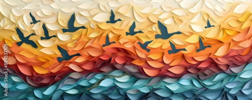 A vibrant papercut scene of a flock of geese flying south in a V formation, leaves swirling beneath them in a collage of autumnal colors