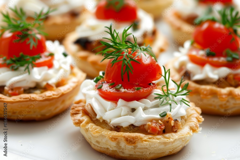 Elegant tomato and basil canapés with a dollop of cream beautifully arranged for a sophisticated appetizer display Elegant tomato and basil canapés with a dollop of cream beautifully arranged for a sophisticated appetizer display