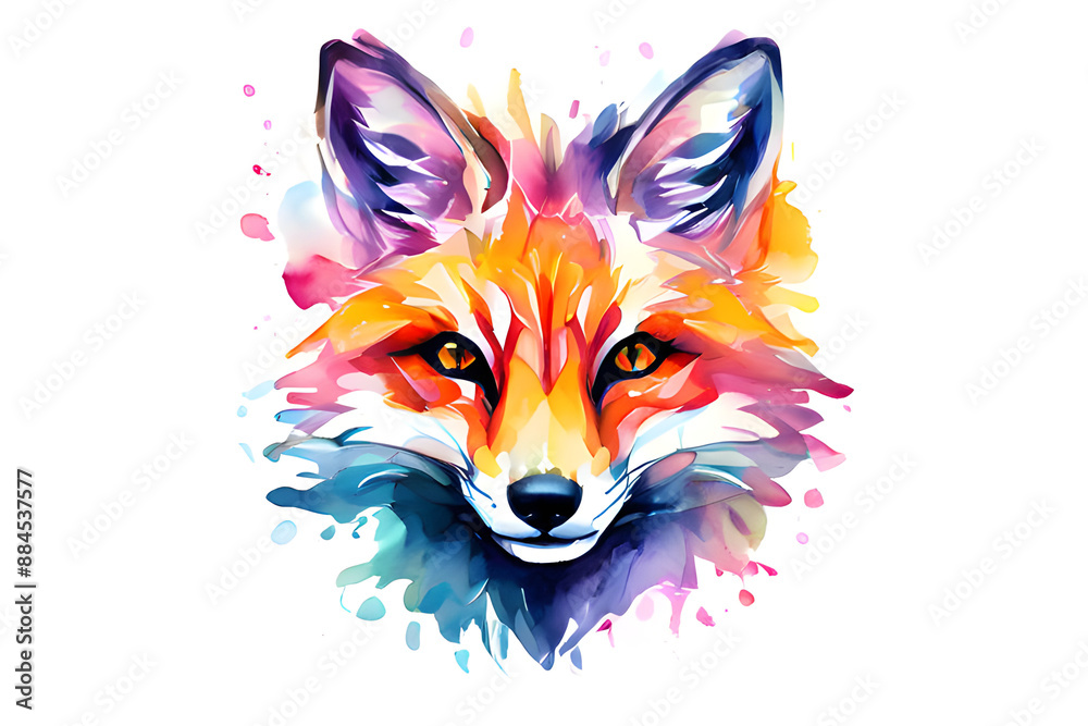A watercolor painting of a fox head on a white background