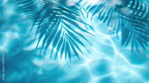 top view of water surface with tropical leaf shadow. Shadow of palm leaves on white sand beach. Beautiful abstract background concept banner for summer vacation at the beach.