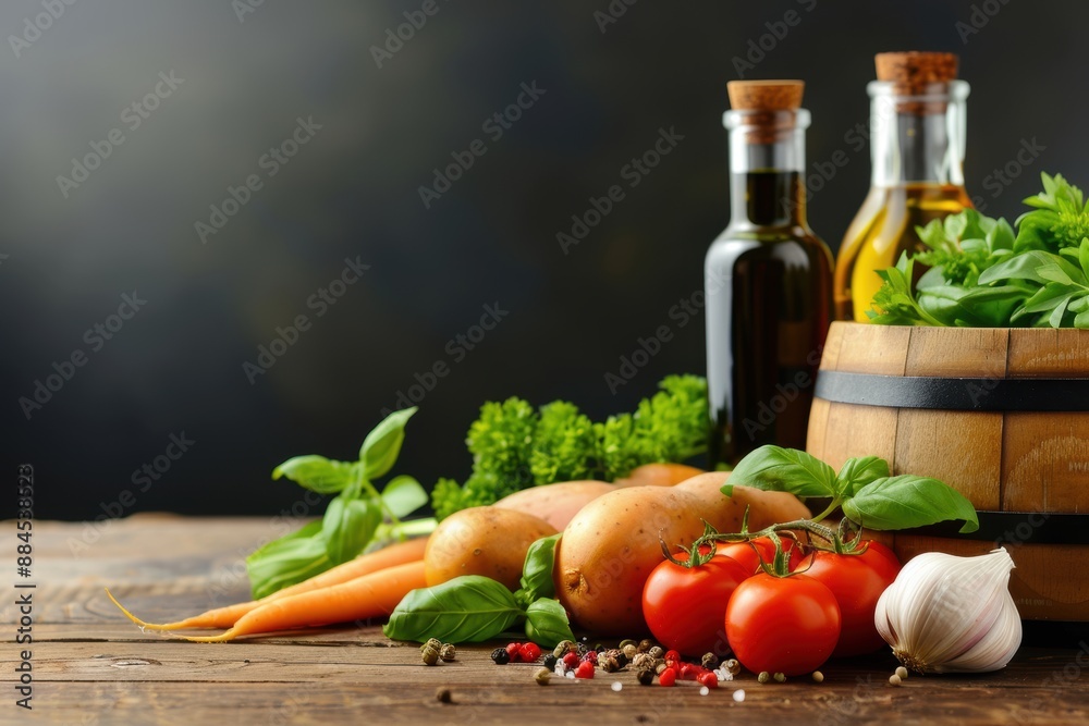 Fresh vegetables, herbs and olive oil sitting on rustic wood table Fresh vegetables, herbs and olive oil sitting on rustic wood table