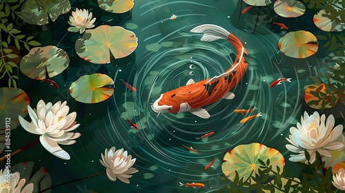 Graceful butterfly koi fish swimming in a tranquil garden pond, with blooming water lilies and delicate ripples reflecting the surrounding foliage