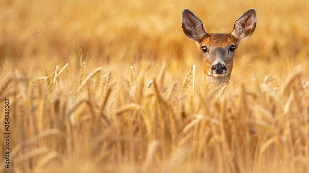 A doe's head and a doe peeking out in a golden wheat field