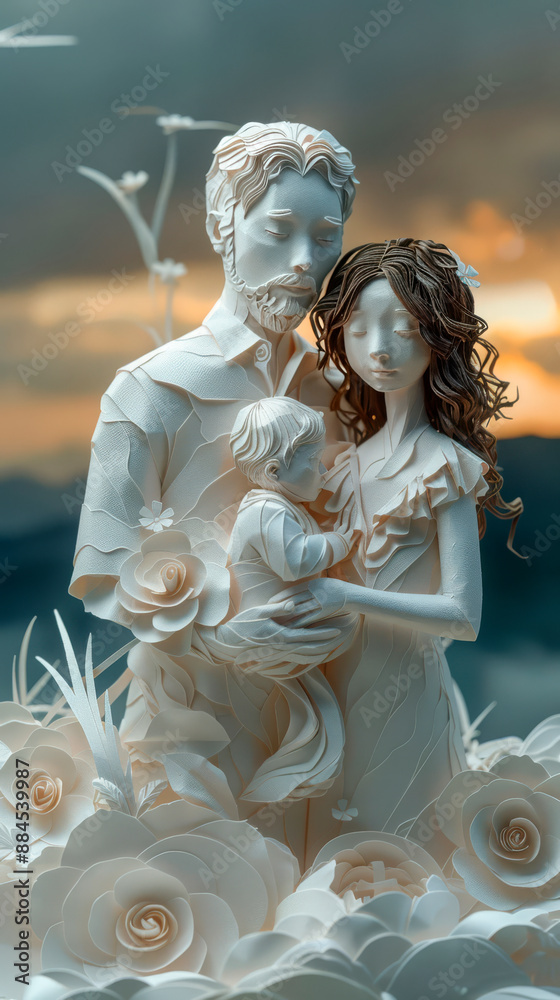 Naklejka premium family depicted in an intricate paper-cut style against a soft blue background. The artwork captures a tender and loving moment between the parents and their children, surrounded by detailed whit