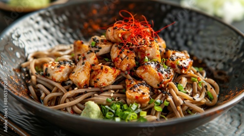 The national cuisine of Japan. Spicy buckwheat noodles with chicken. photo