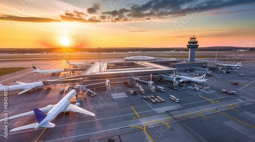 Airport terminal at sunset with planes