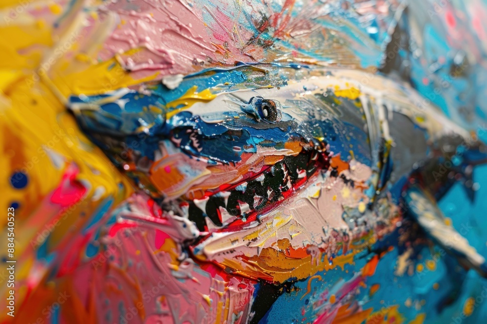 Fototapeta premium Closeup of a colorful, textured shark oil painting showcasing artistic brushwork